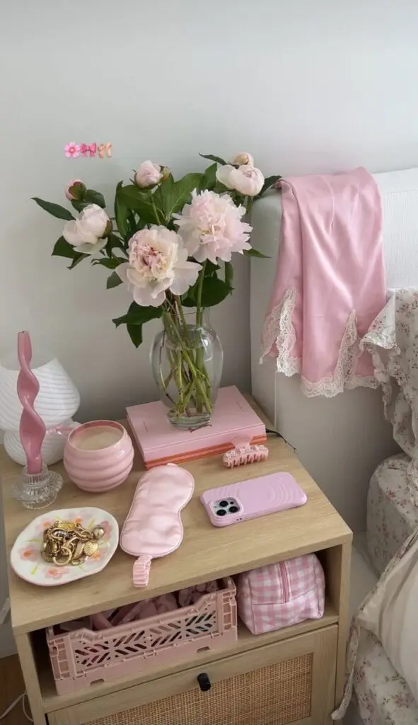 Cozy bedside table with pink decor: flowers, sleep mask, and accessories creating a serene bedroom ambiance.