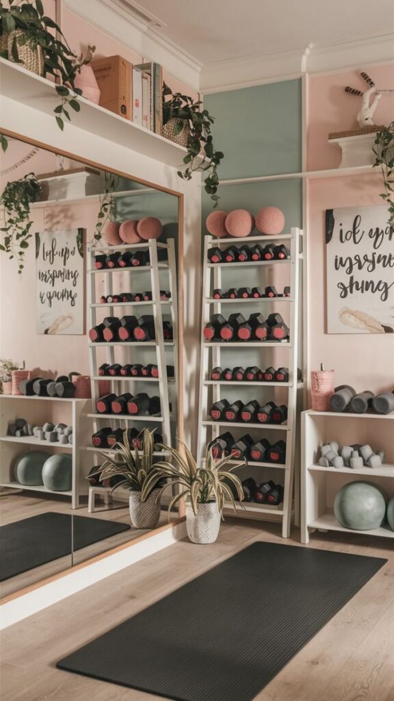 Home gym with dumbbells, yoga mat, and plants, perfect for a relaxing workout. Cozy and stylish fitness space.