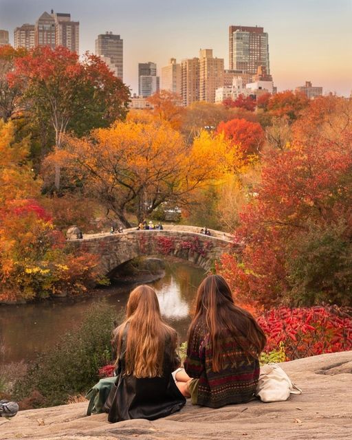 Two people sit overlooking Central Park's vibrant fall foliage, with a scenic view of a stone bridge and city skyline.