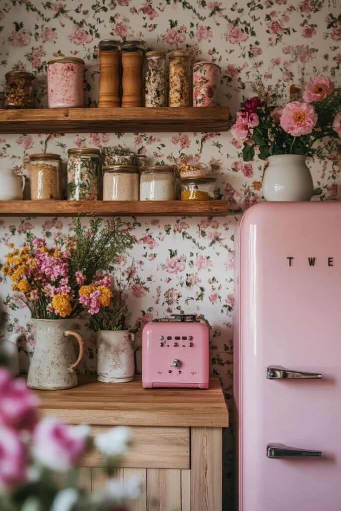 Vintage kitchen corner with pink fridge, floral wallpaper, wooden shelves, jars, and colorful flowers for a cozy vibe.