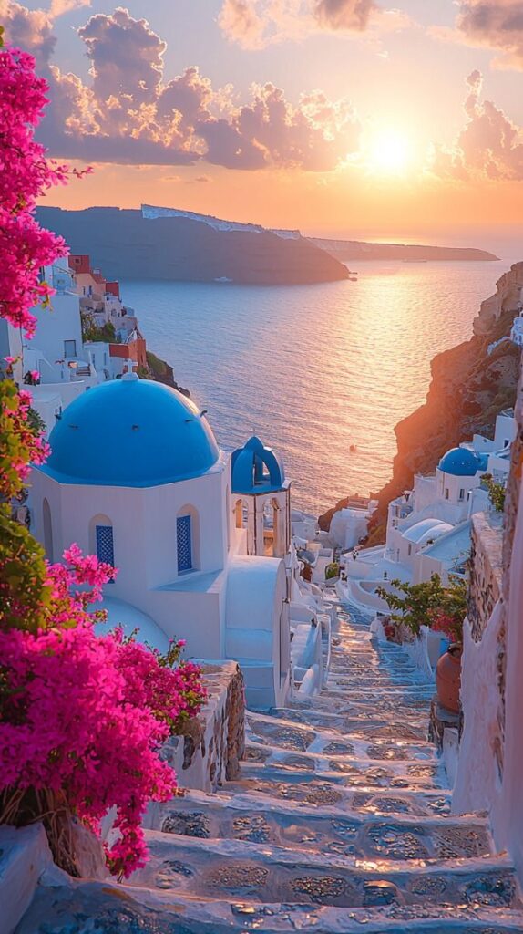 Sunset over Santorini, Greece, with iconic white buildings, blue domes, stone steps, and vibrant pink flowers overlooking the sea.