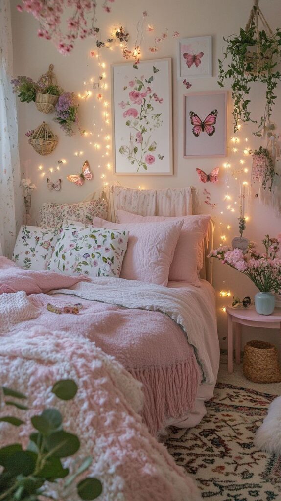 Cozy bedroom decor with pink bedding, floral cushions, butterfly wall art, and warm string lights for a dreamy atmosphere.