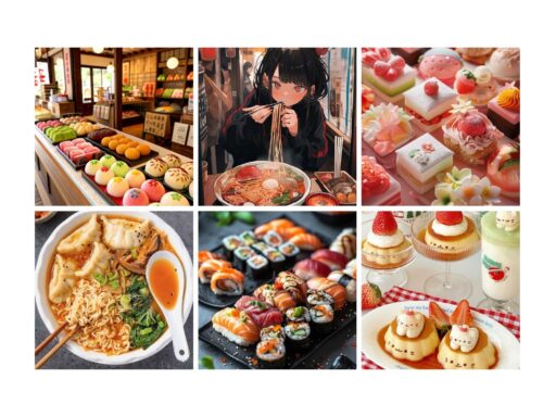 Assorted Japanese cuisine: mochi, ramen, confectionery, dumplings, sushi, and cute desserts, showcasing vibrant flavors and artistry.