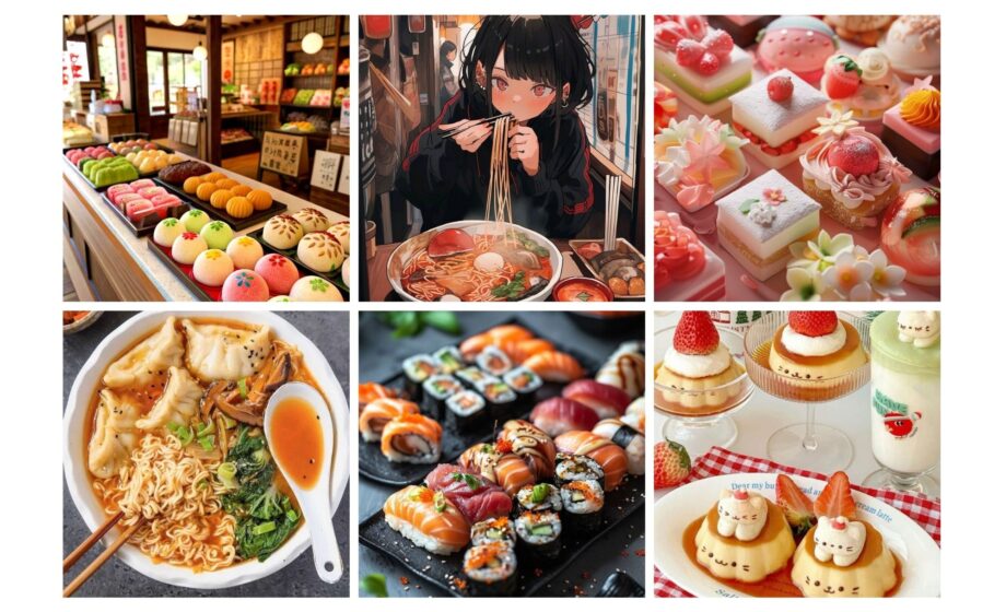 Assorted Japanese cuisine: mochi, ramen, confectionery, dumplings, sushi, and cute desserts, showcasing vibrant flavors and artistry.