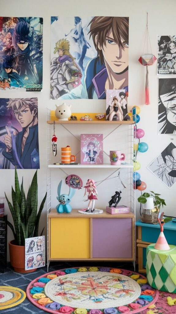 Colorful anime-themed room with posters, figurines, and vibrant décor on shelves and walls. Cozy geek setup for fans.