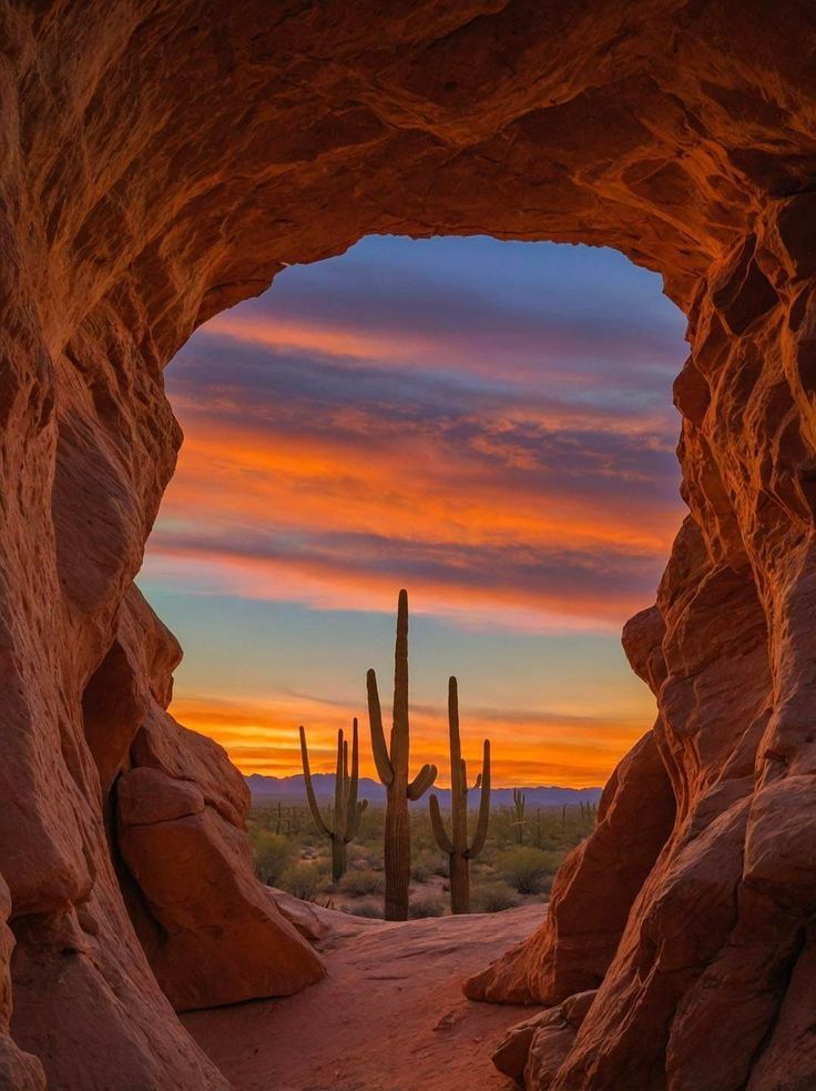 Desert sunset view through rocky arch with silhouetted cacti and vibrant sky, showcasing natural beauty and serene landscape.