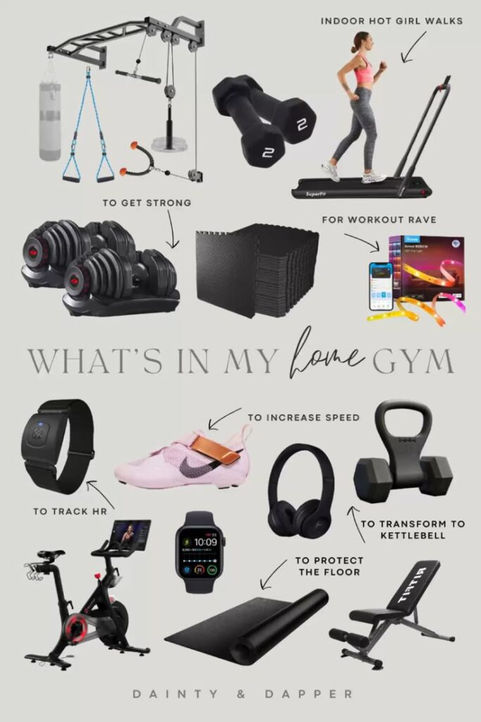 Home gym essentials: treadmill, dumbbells, resistance bands, stationary bike, smartwatch, yoga mat, and more for fitness variety.