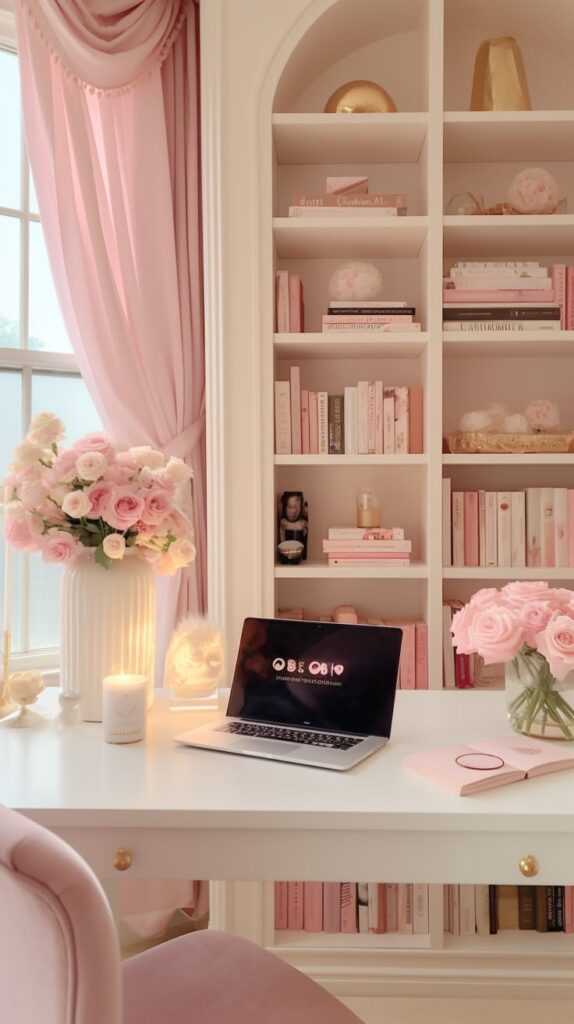 Elegant home office with pink decor, roses, laptop, and bookshelf. Cozy and stylish workspace inspiration for productivity.