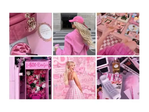 Collage of pink-themed lifestyle images: fashion, roses, drinks, magazines, and a retro phone evoke a stylish, playful vibe.