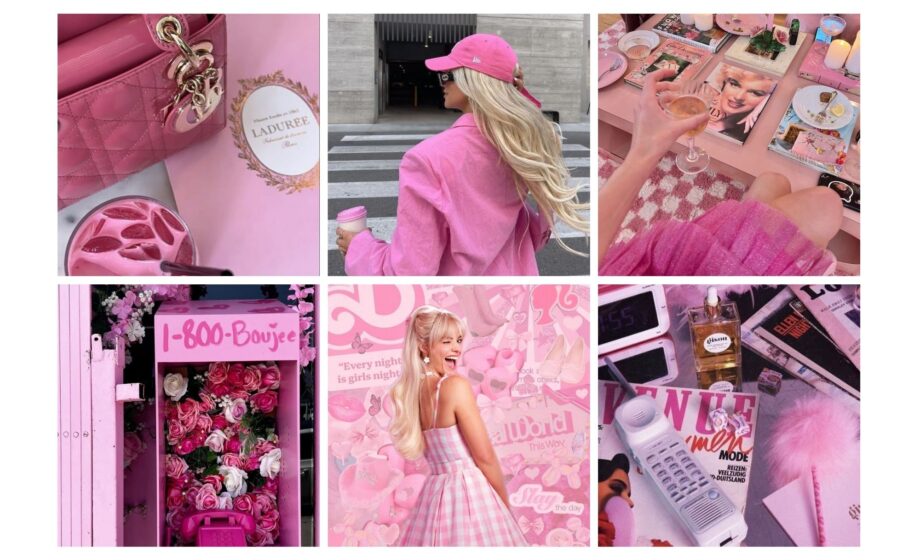 Collage of pink-themed lifestyle images: fashion, roses, drinks, magazines, and a retro phone evoke a stylish, playful vibe.