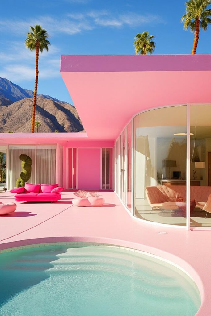 Retro pink house in Palm Springs with pool, vibrant decor, and mountain views under a clear blue sky.