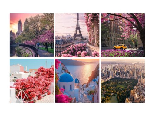 Collage of beautiful cities featuring iconic landmarks and vibrant blossoms, capturing the essence of springtime in various destinations.