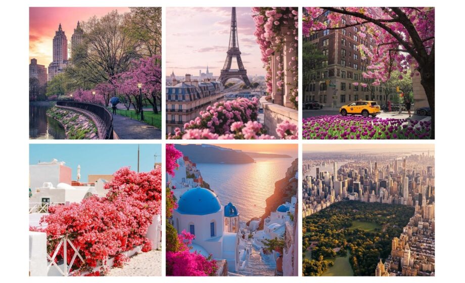 Collage of beautiful cities featuring iconic landmarks and vibrant blossoms, capturing the essence of springtime in various destinations.