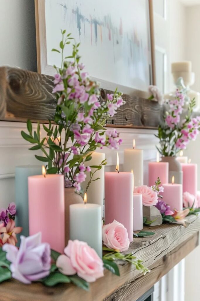 Colorful pastel candles and flowers in a cozy room setting, creating a warm, inviting atmosphere on a wooden mantle.