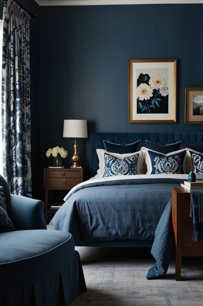 Elegant bedroom with blue decor, patterned pillows, and matching curtains, featuring a cozy bed and stylish artwork on the wall.