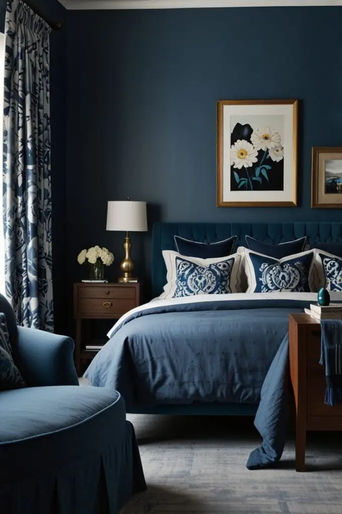 Elegant bedroom with blue decor, patterned pillows, and matching curtains, featuring a cozy bed and stylish artwork on the wall.