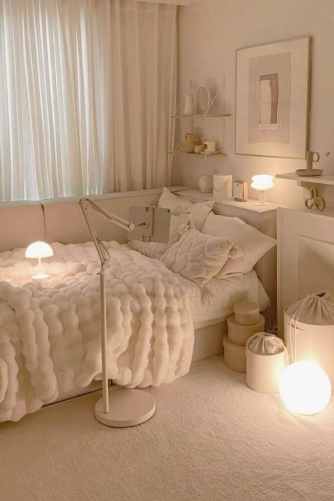 Cozy beige bedroom with soft lighting, fluffy bedding, modern decor, and elegant curtains creating a tranquil, minimalist ambiance.