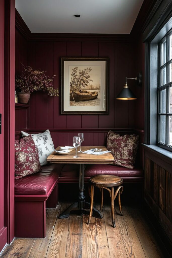 Cozy nook with burgundy walls, rustic table, plush seating, and nautical art. Perfect for intimate dining or relaxing.