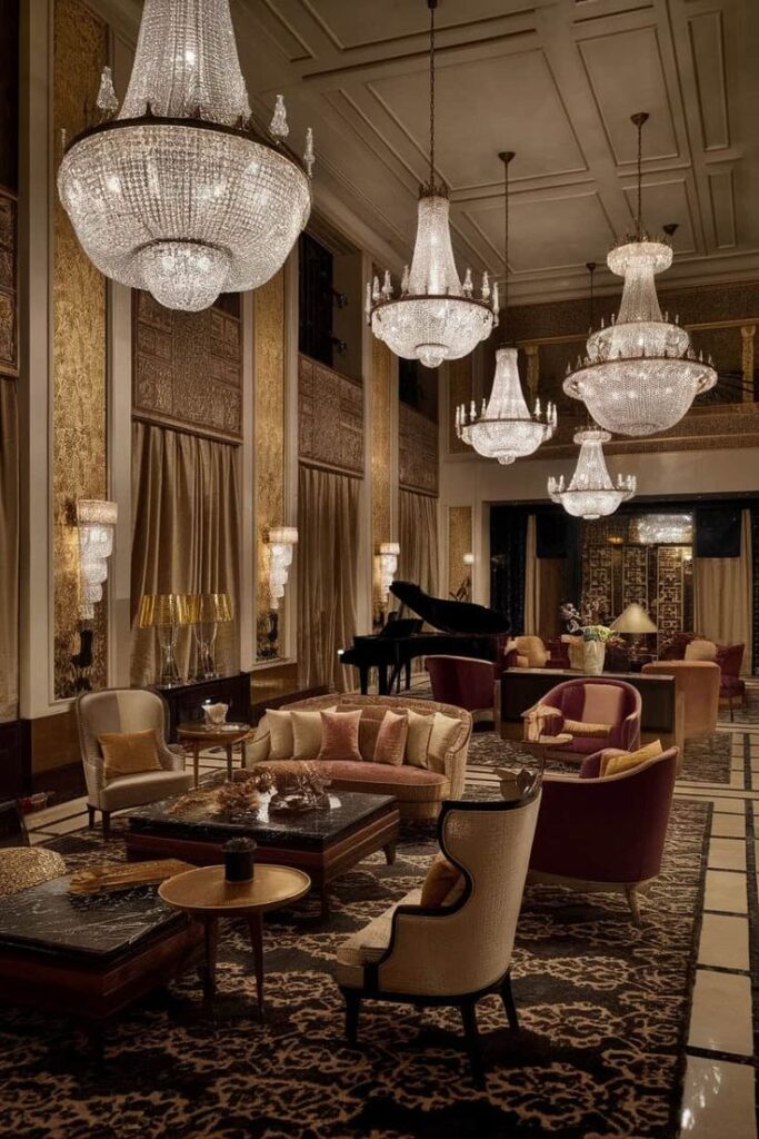 Luxurious hotel lobby featuring elegant chandeliers, plush seating, and a grand piano. Perfect for upscale interior design inspiration.