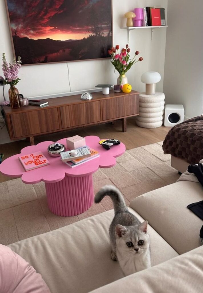 Cozy living room with cat, pink table, and decorative elements, featuring a vibrant landscape photo on the wall.