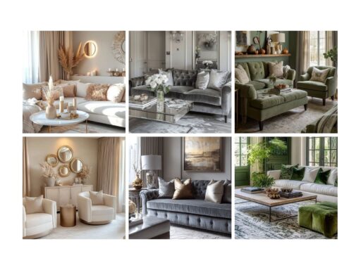 Collage of stylish living room designs with neutral and green tones, showcasing modern furniture and elegant decor.