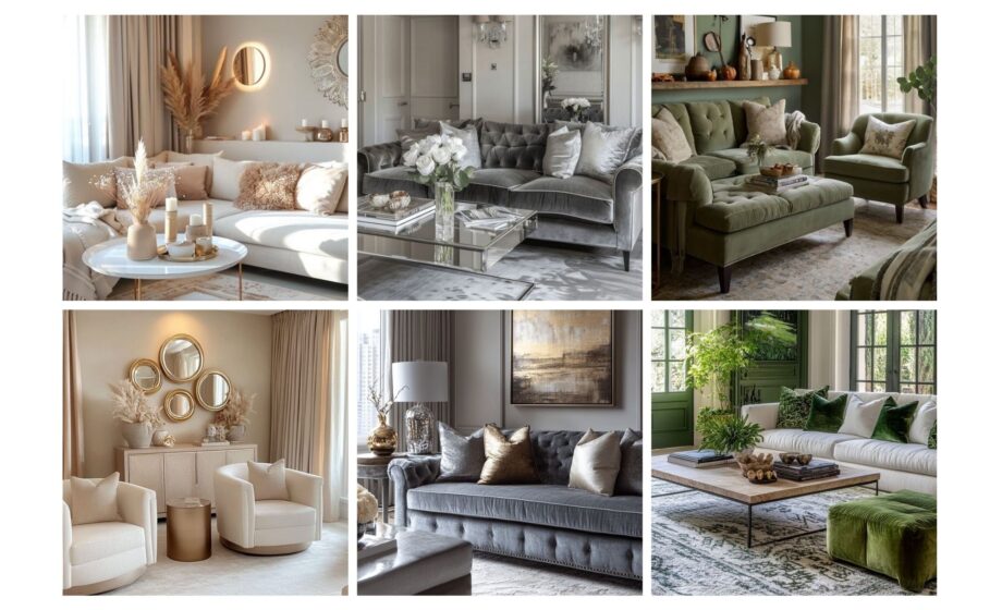 Collage of stylish living room designs with neutral and green tones, showcasing modern furniture and elegant decor.