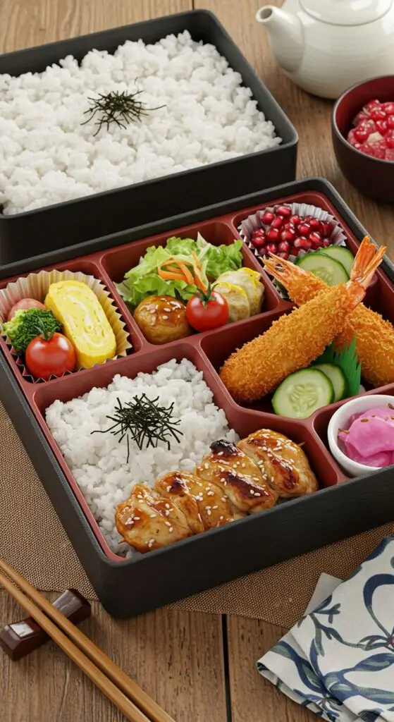 Bento box with rice, tempura shrimp, teriyaki chicken, omelette, and veggies, served with tea and side dishes on a wooden table.