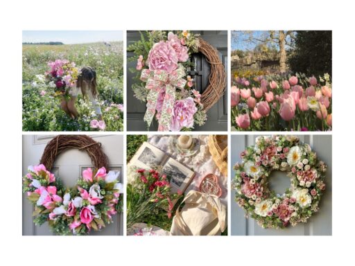 Collage of spring flowers, floral wreaths, and a field of tulips, perfect for garden inspiration and decorating ideas.