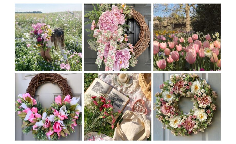 Collage of spring flowers, floral wreaths, and a field of tulips, perfect for garden inspiration and decorating ideas.