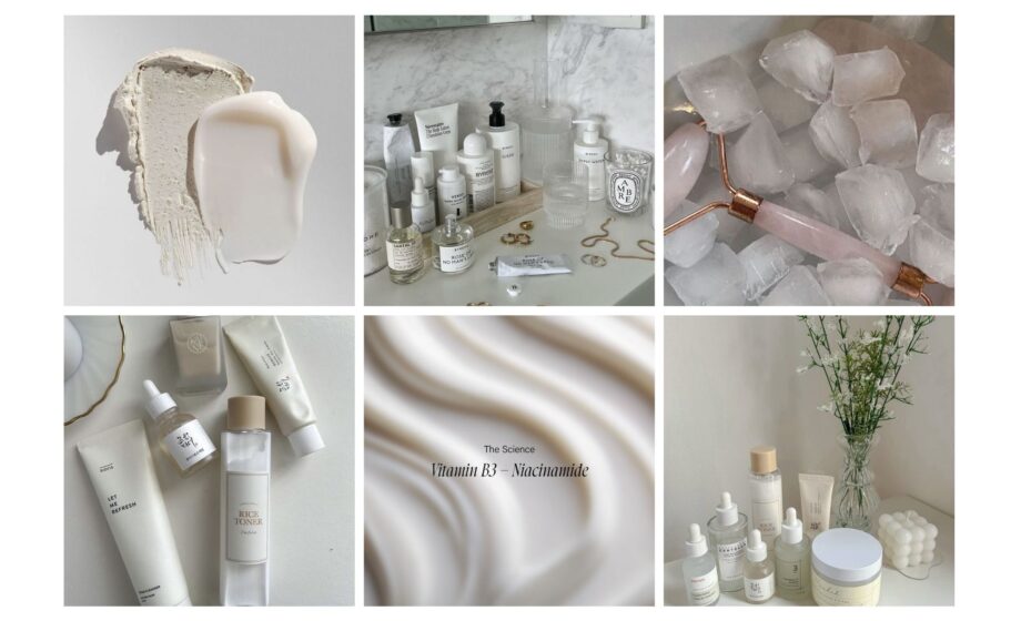 Collage of skincare products, textured creams, and a rose quartz roller on ice, showcasing a beauty routine.