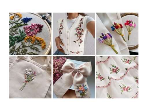 Collage of embroidered floral designs on fabric, including a vest, tote bag, bow, and embroidery hoop art.