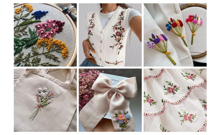 Collage of embroidered floral designs on fabric, including a vest, tote bag, bow, and embroidery hoop art.