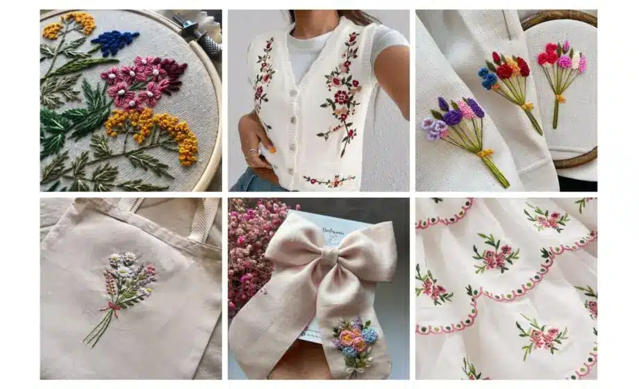 Collage of embroidered floral designs on fabric, including a vest, tote bag, bow, and embroidery hoop art.