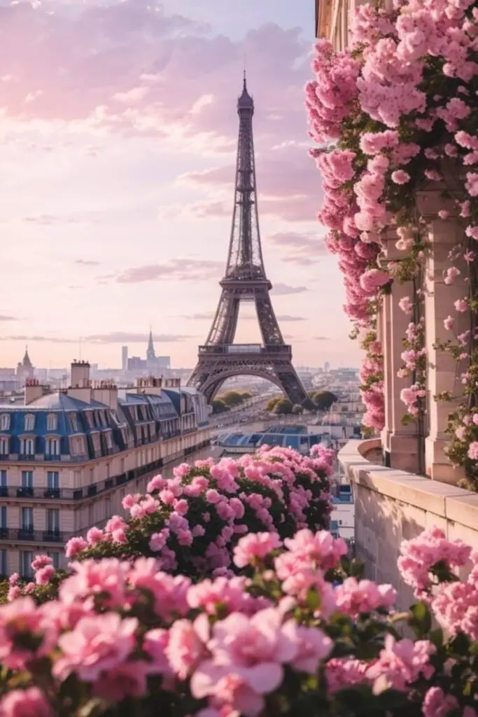 Eiffel Tower surrounded by blooming pink flowers at sunset, showcasing Parisian charm and romance. Perfect springtime view.