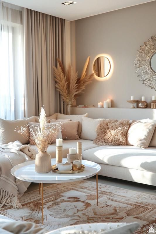 Cozy neutral-toned living room with beige sofa, decorative pillows, and a round coffee table set for an inviting ambiance.