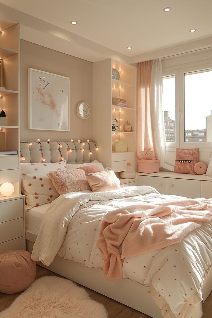 Cozy bedroom with beige and pink decor, stylish bedding, and soft lighting, creating a warm and inviting atmosphere.