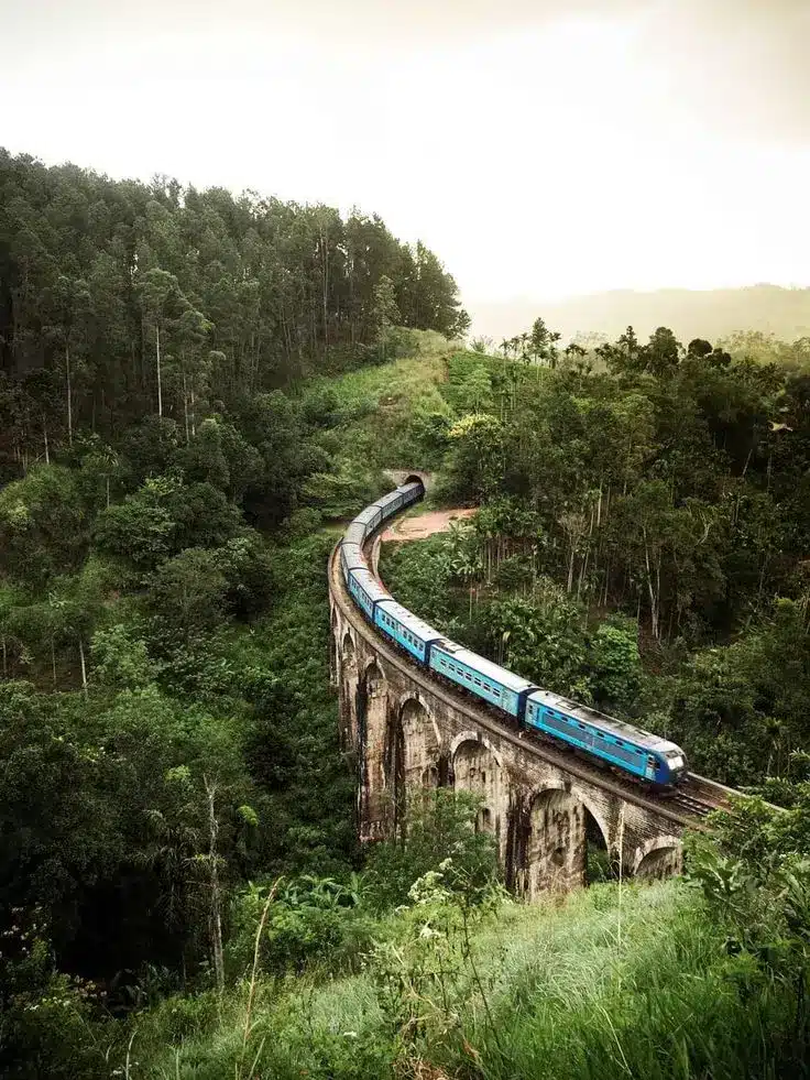 Blue train crossing a scenic arched bridge surrounded by lush greenery, under a cloudy sky.