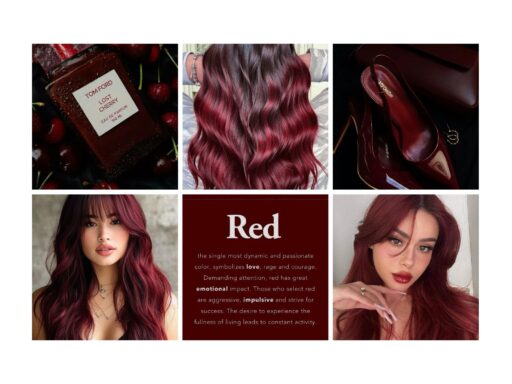 Collage of deep red hues; perfume, wavy hair, high heels, and stylish portraits. Embrace the dynamic essence of red.