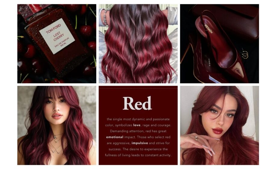 Collage of deep red hues; perfume, wavy hair, high heels, and stylish portraits. Embrace the dynamic essence of red.