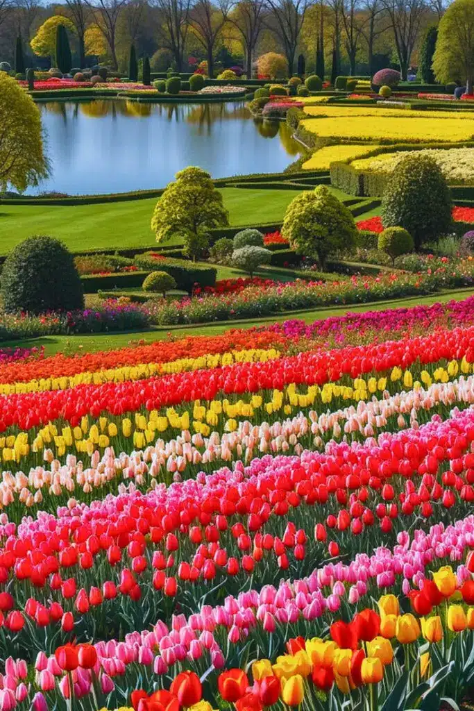 Vibrant flower garden with colorful tulips, manicured bushes, and a serene lake reflecting the lush landscape in spring.