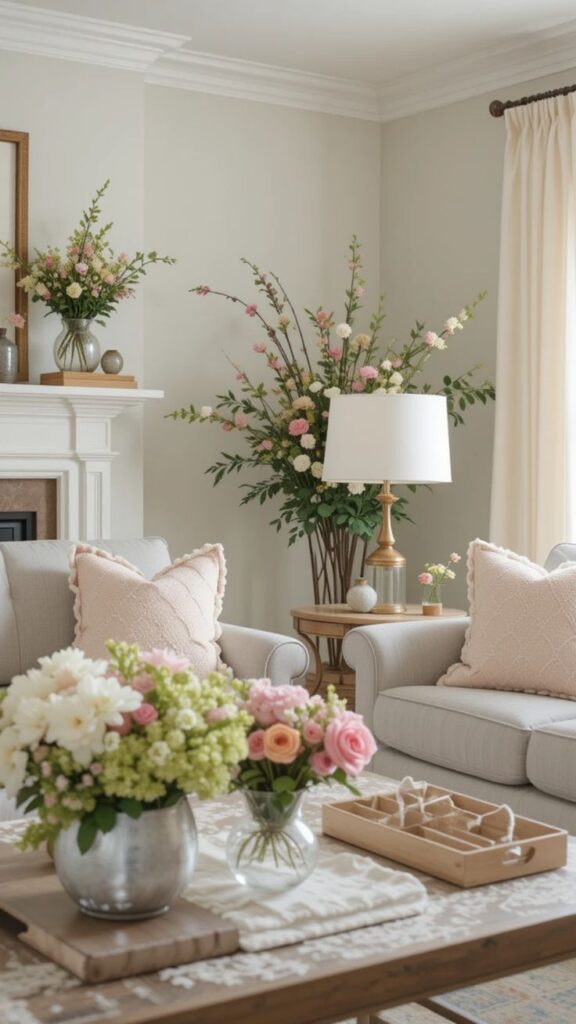 Elegant living room with cozy beige sofas, floral cushions, and fresh bouquets on a wooden table, accented by soft natural light.