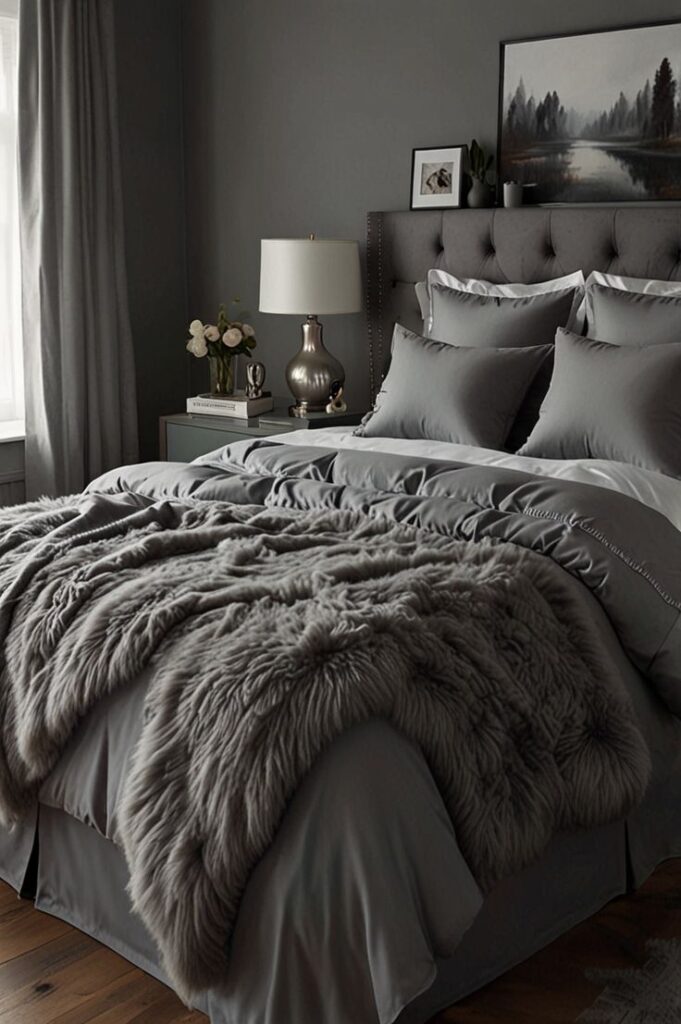 Cozy bedroom with grey bedding, plush throw, and elegant decor for a warm and inviting atmosphere. Perfect modern design inspiration.