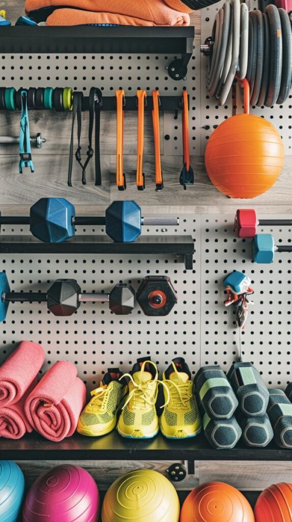 Organized fitness equipment with dumbbells, yoga mats, sneakers, resistance bands, and exercise balls on display.