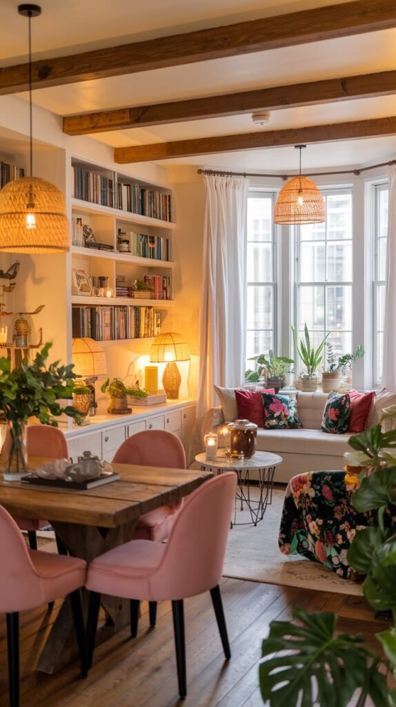 Cozy living room with bookshelves, wooden beams, plants, pink chairs, floral patterns, and warm lighting creating a relaxing ambiance.