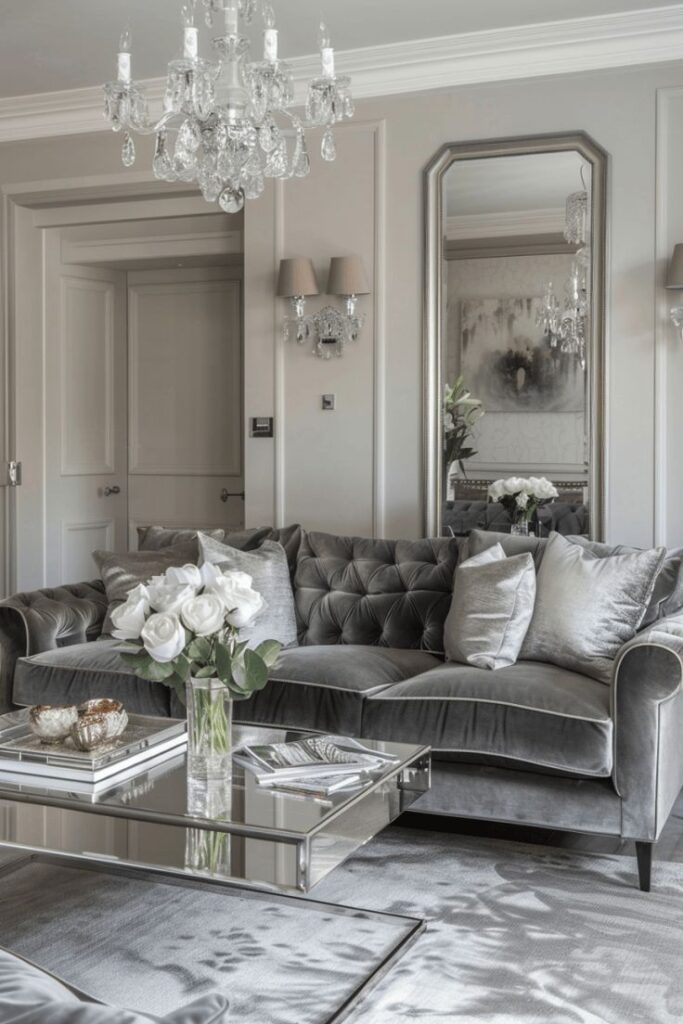 Elegant living room with gray velvet sofa, mirrored coffee table, white flowers, and a crystal chandelier, creating a luxurious ambiance.