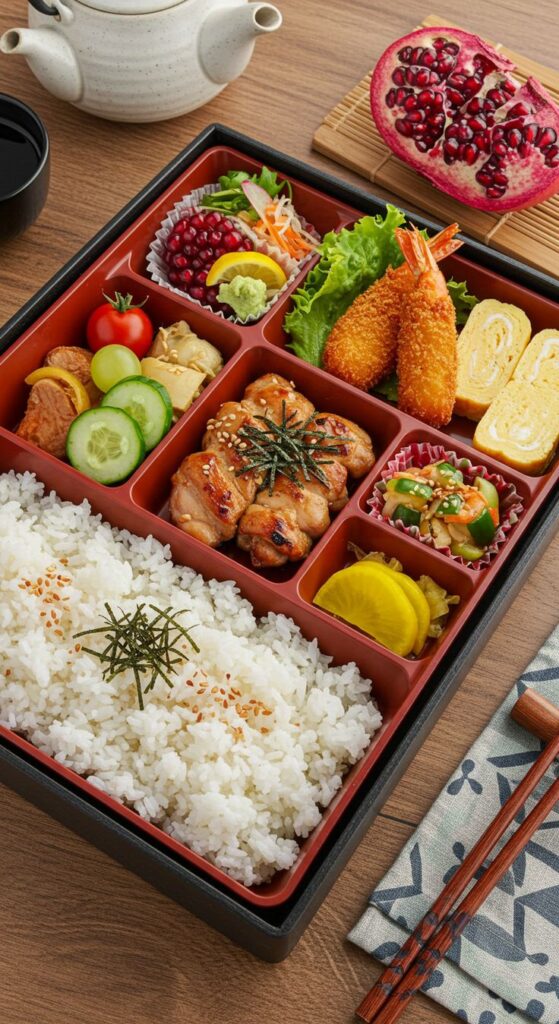 Colorful Japanese bento box with rice, grilled chicken, shrimp tempura, rolled omelette, and fresh vegetables, on a wooden table.