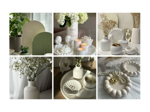 Minimalist decor collage featuring vases, candles, and flowers; elegant ceramic accessories in soft, neutral tones for a serene atmosphere.