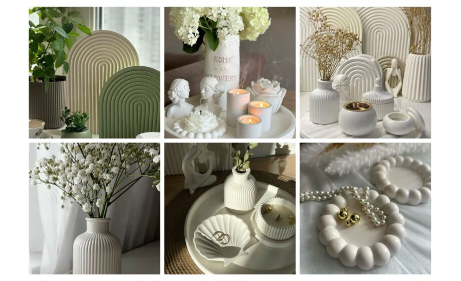 Minimalist decor collage featuring vases, candles, and flowers; elegant ceramic accessories in soft, neutral tones for a serene atmosphere.