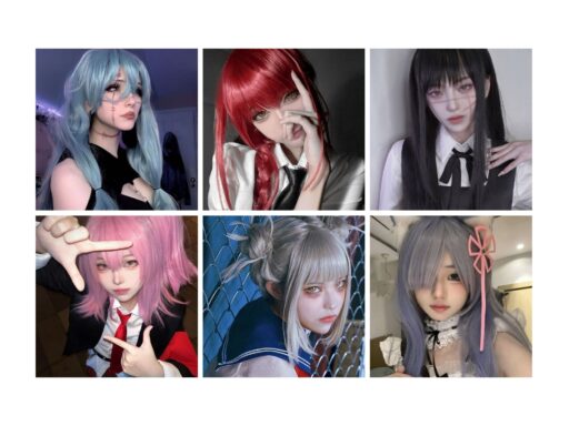 Cosplayers showcase diverse anime-inspired looks with colorful wigs and costumes. Ideal for fans of cosplay and Japanese culture.