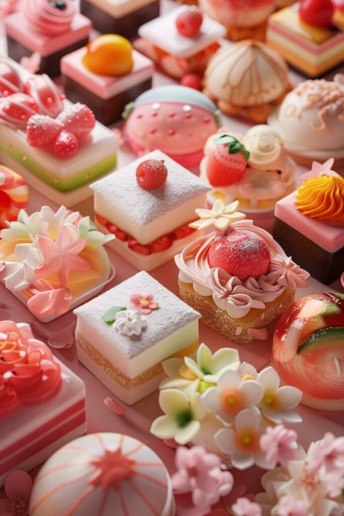 Colorful, intricately decorated pastries and desserts displayed in a beautiful and artistic arrangement.